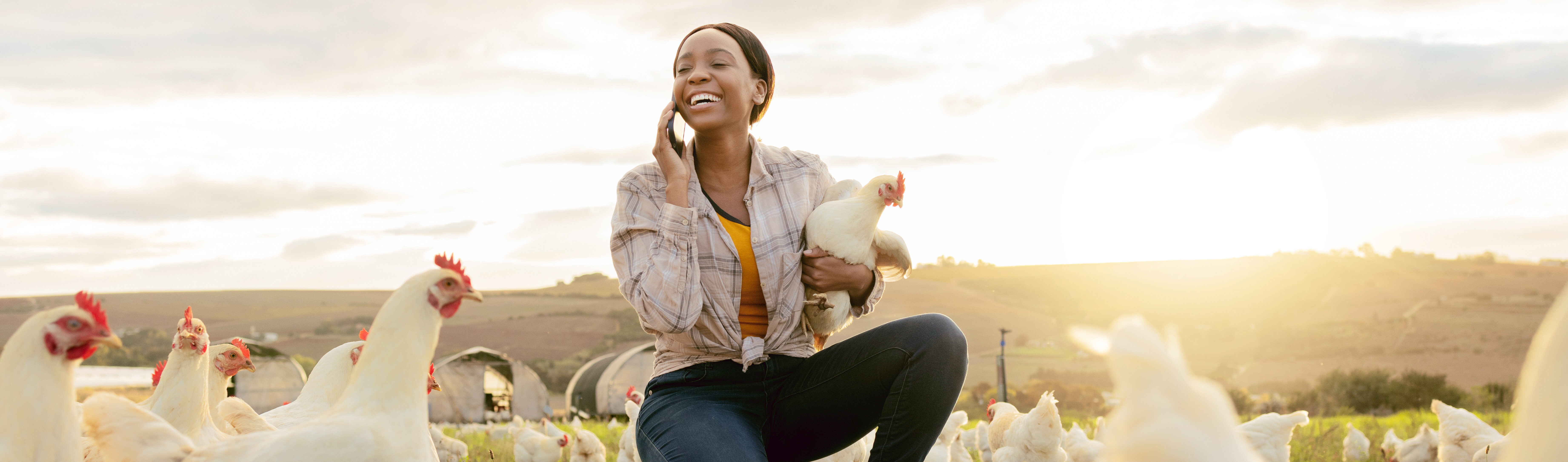 Black woman, phone call and countryside on chicken farm with smile for live stock in the outdoors.